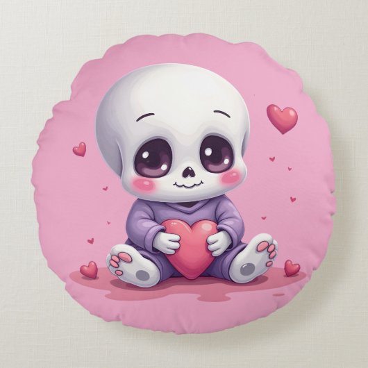 Kawaii Skeleton Holding Heart ラウンドクッション (正面)