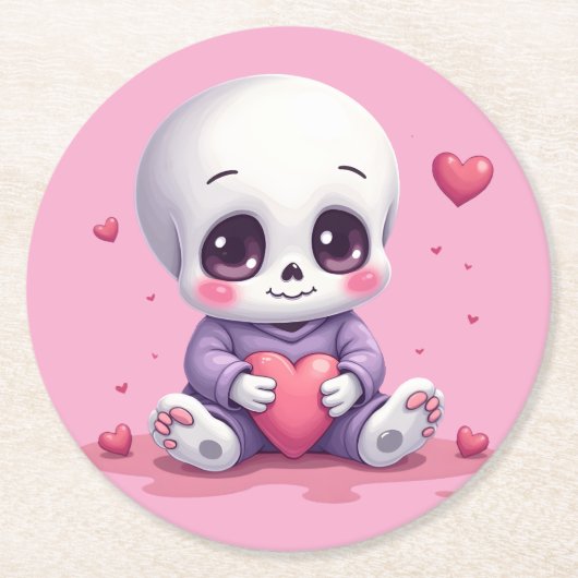Kawaii Skeleton Holding Heart ラウンドペーパーコースター (正面)