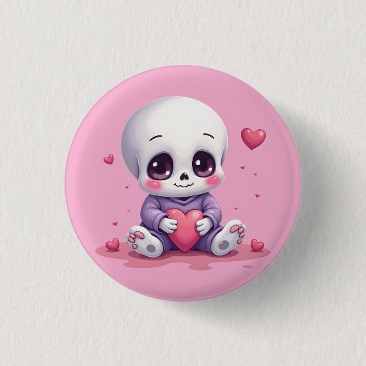 Kawaii Skeleton Holding Heart 缶バッジ (正面)