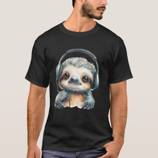 Kawaii Sloth Headphones Animal Sketch Music Lover Tシャツ (正面)