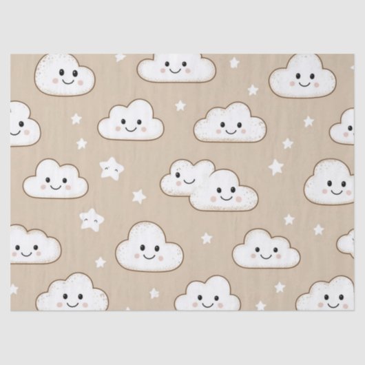  Kawaii Smiling Clouds & Stars on Beige 薄葉紙 (正面)