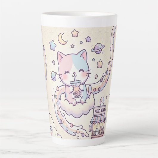 Kawaii Space Cat Drinking Boba Latte Mug  カフェラテマグ (正面)