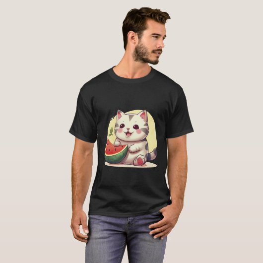Kawaii Spotted Cat with Watermelon Summer Art ✨🐾 Tシャツ (正面フル)