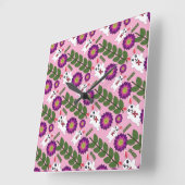 Kawaii Spring Bunny: Vibrant Purple Floral  スクエア壁時計 (傾斜)