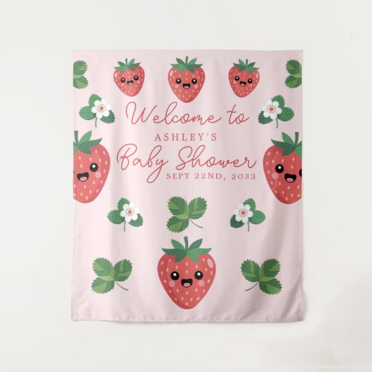 Kawaii Strawberry Baby Shower Backdrop タペストリー (正面)