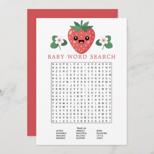 Kawaii Strawberry Baby Shower Word Search Game 招待状 (正面/裏面)
