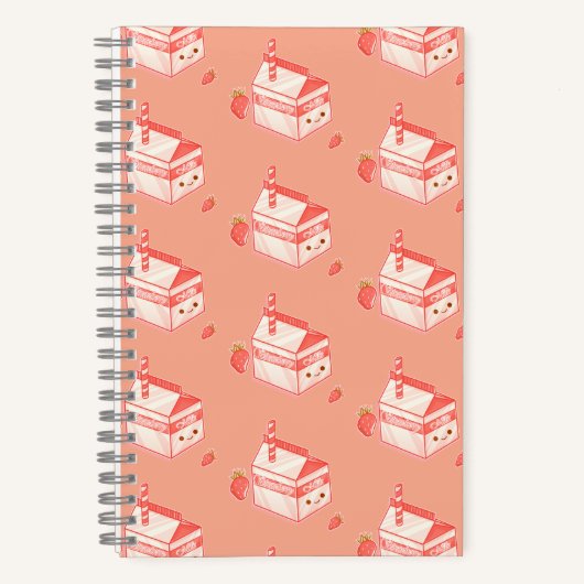 Kawaii Strawberry Milk Carton - Cute Aesthetic Art ノートブック (正面)