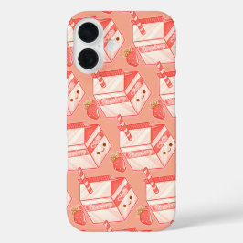 Kawaii Strawberry Milk Carton - Cute Aesthetic Art iPhone 16ケース