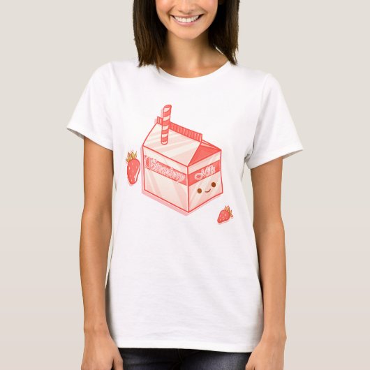 Kawaii Strawberry Milk Carton - Cute Aesthetic Art Tシャツ (正面)