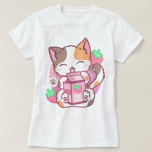 Kawaii Strawberry Milk Cat Design Tシャツ (デザイン正面)