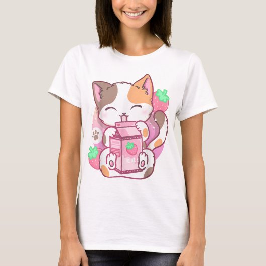 Kawaii Strawberry Milk Cat Design Tシャツ (正面)