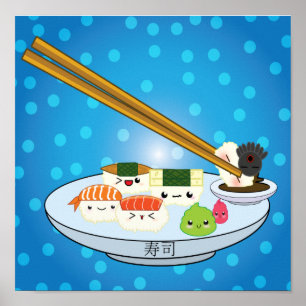Kawaii Sushi Platter Poster ポスター
