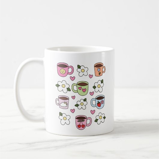 Kawaii tea cup and flowers コーヒーマグカップ (左)