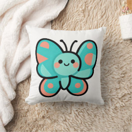 Kawaii Teal Butterfly Happy Face Cartoon Art クッション