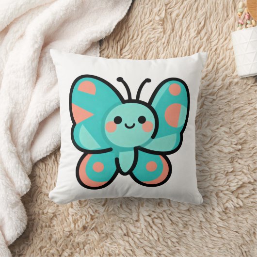 Kawaii Teal Butterfly Happy Face Cartoon Art クッション (ブランケット)