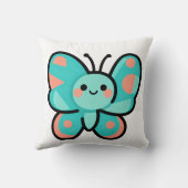 Kawaii Teal Butterfly Happy Face Cartoon Art クッション (裏面)