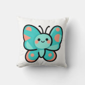 Kawaii Teal Butterfly Happy Face Cartoon Art クッション (正面)
