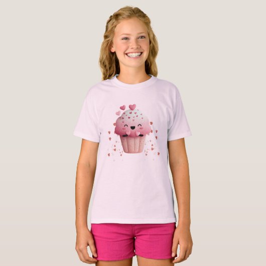 Kawaii Valentine Cupcake with Hearts Tシャツ (正面フル)