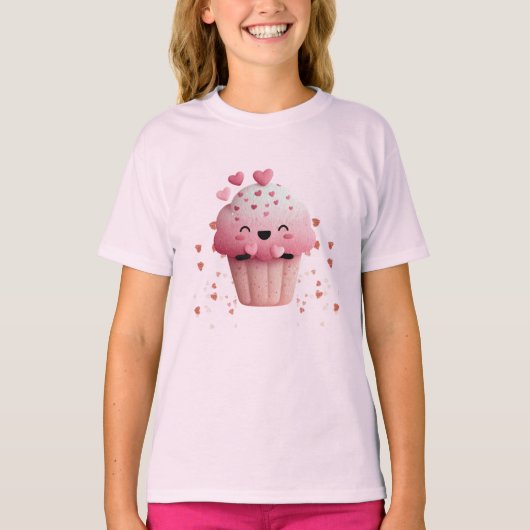 Kawaii Valentine Cupcake with Hearts Tシャツ (正面)