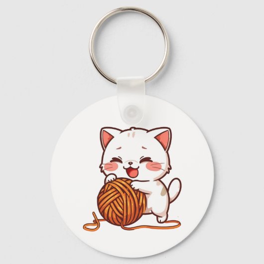 Kawaii White Kitten with Woolen Ball Keychain キーホルダー (正面)