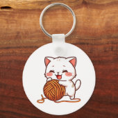 Kawaii White Kitten with Woolen Ball Keychain キーホルダー (正面)
