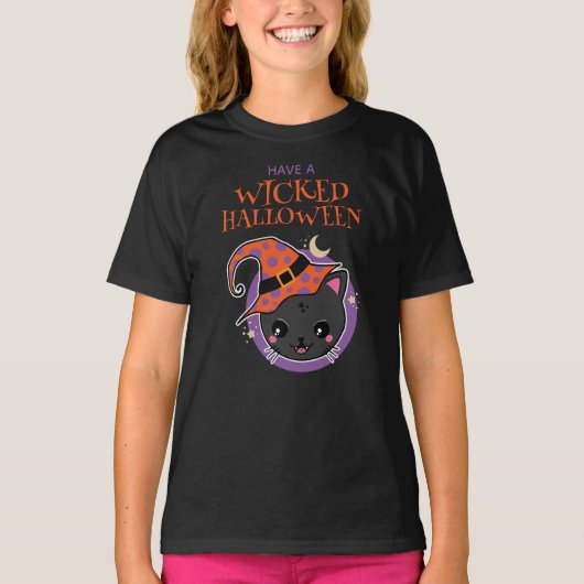 Kawaii Witch Cat Halloween Tシャツ (正面)
