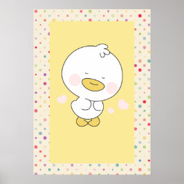 Kawaii Yellow Duckling with Polka Dot Nursery Art ポスター