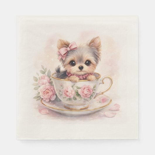 Kawaii Yorkie Teacup Birthday Napkins スタンダードランチョンナプキン (正面)