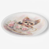 Kawaii Yorkie Teacup Birthday Paper Plates ペーパープレート (アングル)
