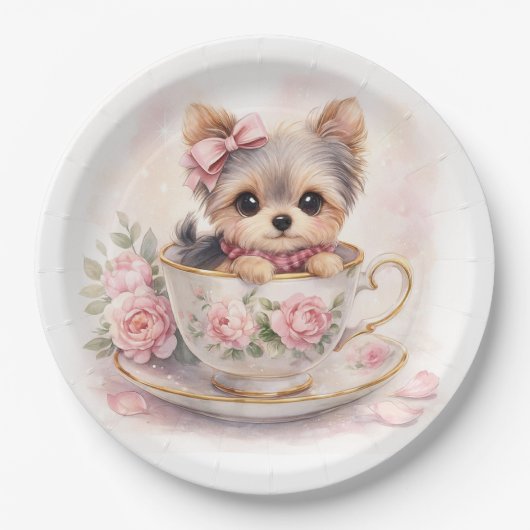 Kawaii Yorkie Teacup Birthday Paper Plates ペーパープレート (正面)