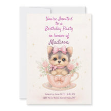 Kawaii Yorkie Teacup Girl’s Birthday Invitation
