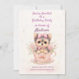 Kawaii Yorkie Teacup Girl’s Birthday Invitation 招待状