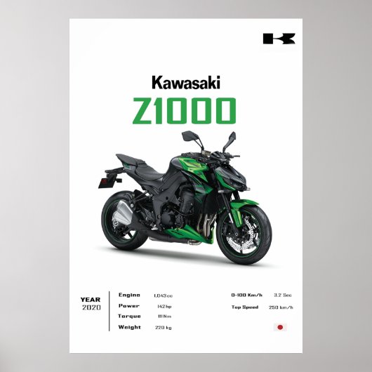 Kawasaki Z1000 Motorcycle Poster – Sport Bike Wall ポスター (正面)