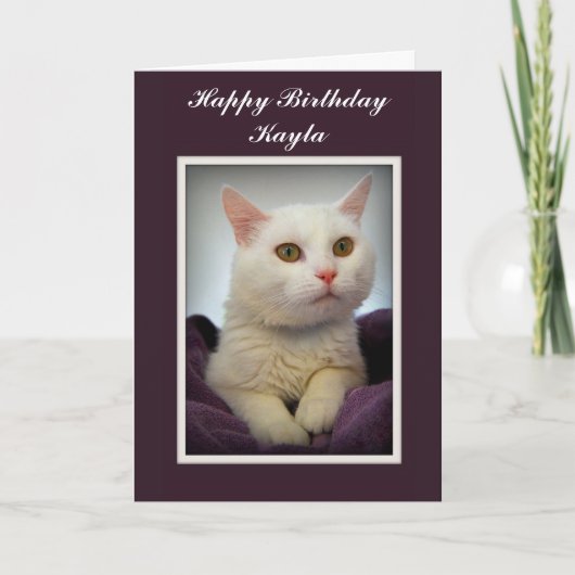 Kayla Happy Birthday White Cat Card カード (正面)