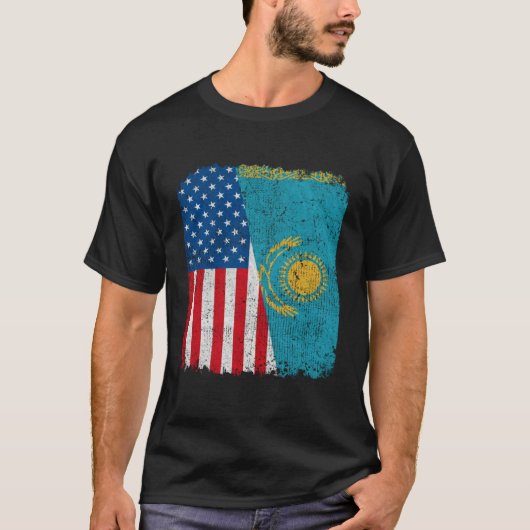 Kazakh American Flag Half USA Kazakhstan Root Prou Tシャツ (正面)
