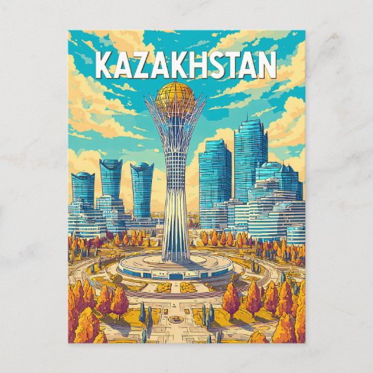 Kazakhstan Illustration Travel Art Vintage ポストカード (正面)