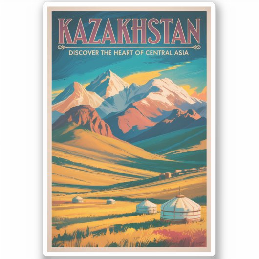 Kazakhstan Steppes Illustration Travel Art Vintage シール (正面)