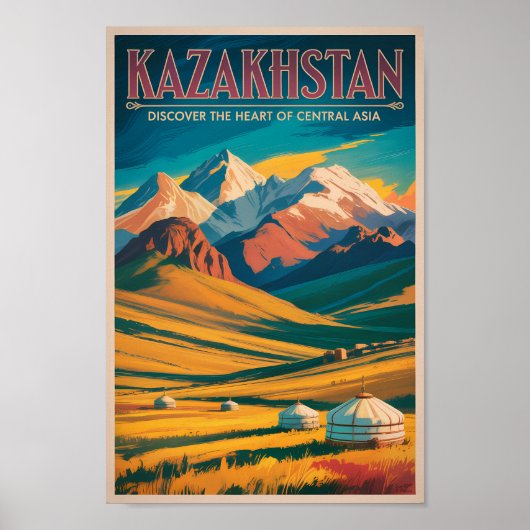 Kazakhstan Steppes Illustration Travel Art Vintage ポスター (正面)