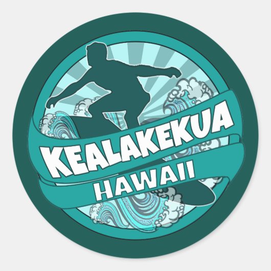 Kealakukua Hawaiiティール(緑がかった色)サーファーのロゴシール ラウンドシール (正面)