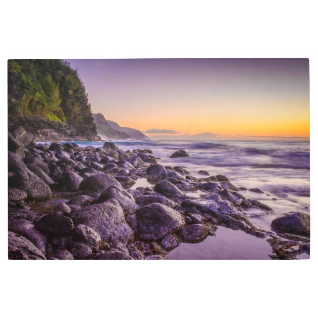 Ke'eビーチアットサンライズ，カウアイ，ハワイ メタルプリント (正面)