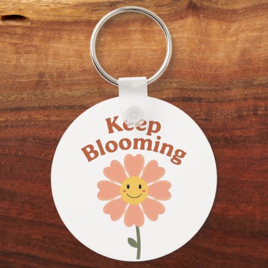 "Keep Blooming" レトロな笑顔のお花 キーホルダー (正面)