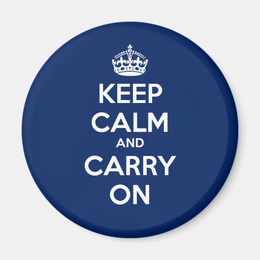 Keep Calm and Carry Onサークルマグネット – Dkブルー マグネット (正面)