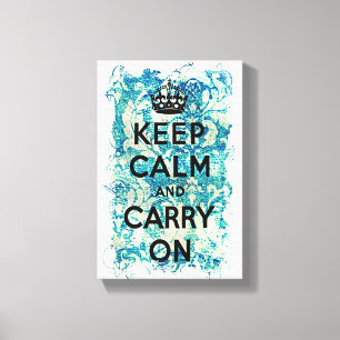 Keep Calm and Carry Onブルー壁紙ダマスク キャンバスプリント