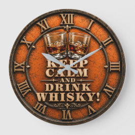 Keep Calm and Drink Whiskey Rustic Home Bar Decor ラージ壁時計