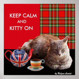 "KEEP CALM AND KITTY ON" 、レッドタータン、キャットティーパーティー ポスター