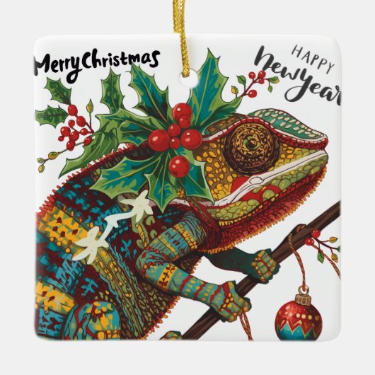 Keep Calm and Merry On Holiday Chameleon Ornament セラミックオーナメント (正面)