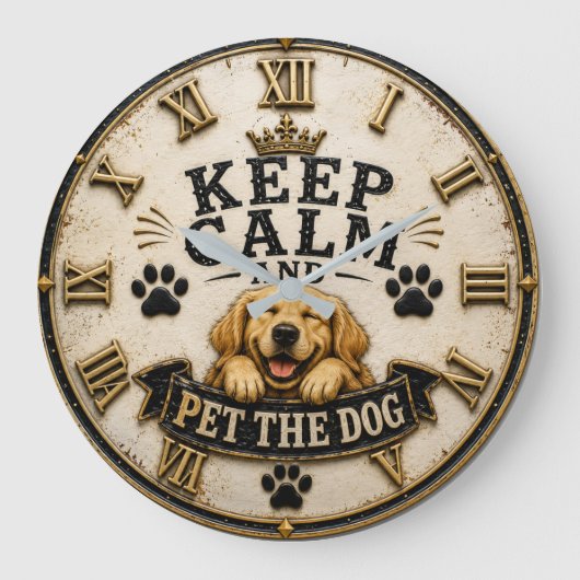 Keep Calm and Pet the Dog Funny Golden Retriever ラージ壁時計 (正面)