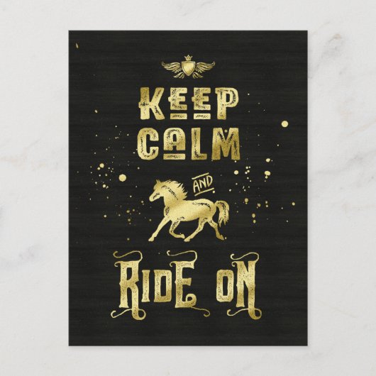 Keep Calm and Ride On ゴールドホース タイポグラフィ ポストカード (正面)