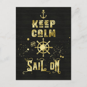 Keep Calm and Sail On ゴールドヘルムアンカー タイポグラフィ ポストカード