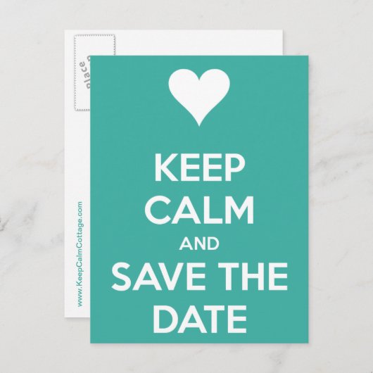 Keep Calm and Save the Date ブルー 案内ポストカード (正面/裏面)